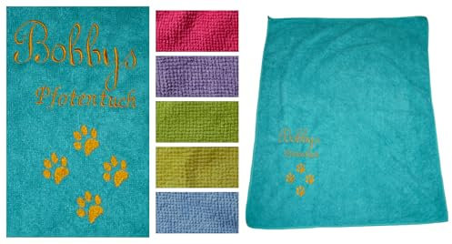 Handmade Hunde Microfaser Pfotentuch Handtuch Tuch Wunsch Name bestickt 35 x 35 cm verschiedene Farben