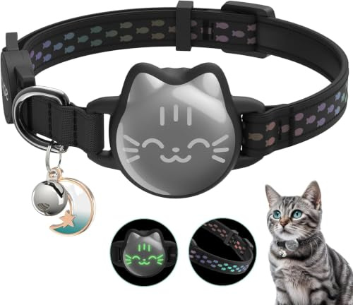 Waterproof Airtag 2nd & 1st Cat Collar, Breakaway Cat Airtag Collar with Luminous & Reflective Fish Pattern, Lightweight Kitten Collars for Apple Air tag, Hidden GPS Tracker Holder for Cats, Kittens