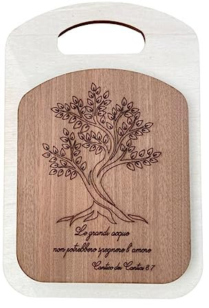Idea's Cottage - Bomboniera Tagliere Ulivo Tema Natura - Personalizzabile - Misure H20 cm L13,5cm - Legno di Pioppo e Mogano