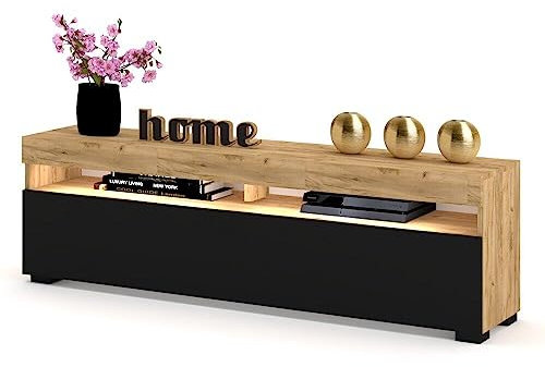Euro Style TV-Schrank mit LED Stand Tv-Lowboard für Wohnzimmer Schlafzimmer Fernsehschrank Fernsehtisch Sideboard HiFi-Schrank Kommode 40 Zoll, Golden Eiche/Schwarz, 100cm
