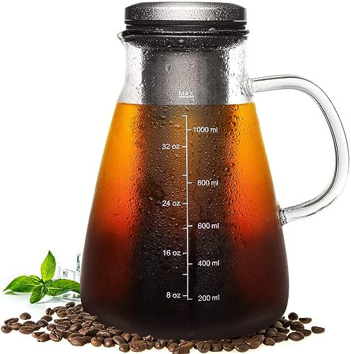 YMMIND Cold Brew Eiskaffeemaschine 34 Unzen, gebrühte Kaffeekanne mit abnehmbarem Doppelmaschen-304 Edelstahlfilter, BPA-freier Cold Brew Pitcher Glasbehälter, Teebereiter