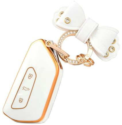 OFF WE GO Coque de Clé Voiture avec Porte-clés pour VW Coque de Clé TPU 3 Bouton Accessoire Clé de Voiture pour Volkswagen Golf 8 Seat Leon MK4 Tarraco Ateca Skoda Octavia Cupra Formentor, Or Blanc