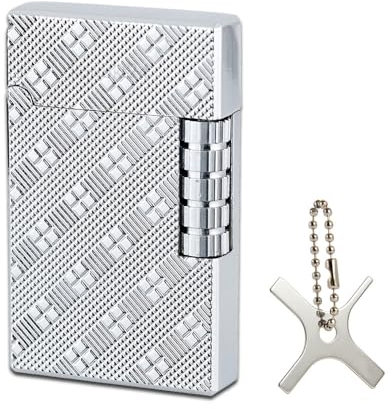 Feuerzeug Silber Chrom | Design Prägung | Stand Flamme | Edles Set Gas Marken Feuerzeug + Coumo Justier Werkzeug | Geschenkverpackung | Material: Metall