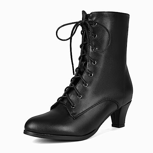 COOLCEPT Damen Vintage Viktorianisch Stiefel Schnüren Ankle Stiefel Almond Toe Mid Heel Steampunk Stiefeletten Reißverschluss Black Große 42