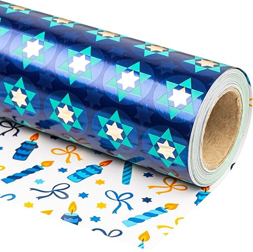RUSPEPA Wende-Geschenkpapier für Chanukka – Mini-Rolle – 43,2 cm x 10 m – mit Davidstern und Kerzen-Design für die Chanukka-Feier