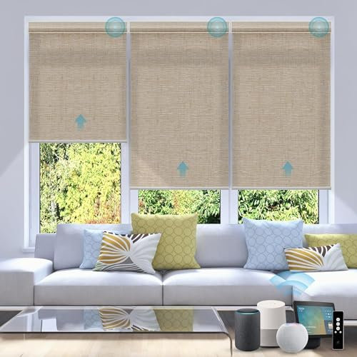 SmartWings Elektrisches Rollo mit Fernbedingung, Smart Rollo Innen 70% Verdunkelung, Kompatibel mit Alexa, Google Home, Homekit, Benutzerdefinierte Größe,Leinen Karamell