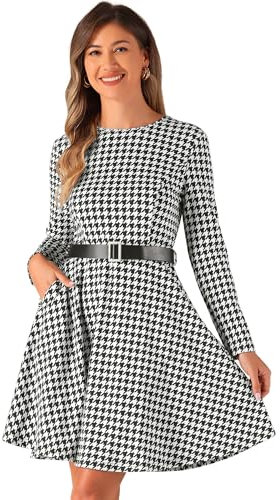 Allegra K Robe à carreaux pied-de-poule pour femme, col rond, manches longues, poches ceinture, robe trapèze, noir/blanc, M
