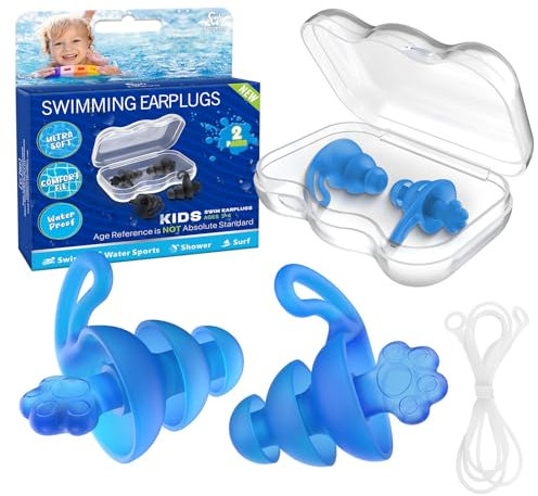 Bouchons d'Oreilles Piscine Enfant 3-4, Eargrace 2 Paires Bouchons Oreille Piscine Enfant Imperméables Confortables Réutilisables avec Cordon Connecteur en Silicone pour Nageurs, Douche, Bain, Piscine