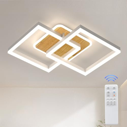ANTENLICHT LED Deckenlamape Wohnzimmer Modern Geometrisch, 40W Wohnzimmerlampe mit Fernbedienung Stufenlos Dimmbar 3000-6500K, Deckenleuchte aus Metall für Wohnzimmer Schlafzimmer, Weiß mit Holz