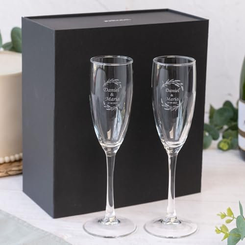 Wanapix | Pack 2 Flûtes à Champagne Personnalisés | Boîte Cadeau Incluse | Coupes de Champagne avec Gravure | Fêtes/Anniversaire/Mariage | Verres à Champagne | Verre 20cl | Noms et Date