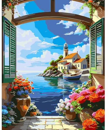 feelive Mer Peinture par Numéro pour Adulte, Paysage Kit de Peinture à l'huile sur Toile Bricolage pour Débutants Avec Pinceau Pigment Acrylique 30x40cm