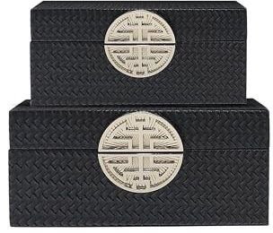 VANITY LIVING Set of 2 Black Faux Leather Jewellery Boxes for Decor, Trinket Metal Decorative Storage Boxes with Silver Handles for Dressing Table