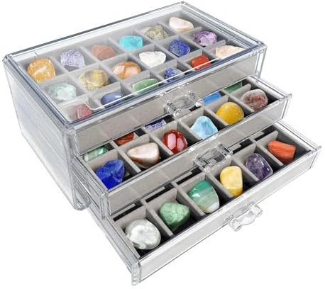 Edelstein-Vitrine – 54 Fächer, 3-lagige, transparente Acryl-Stein-Sammelbox, zum Speichern wertvoller Erinnerungen | Kristall-Aufbewahrungs- und Reiseetui für Geburtstag, Muttertag, Weihnachten,