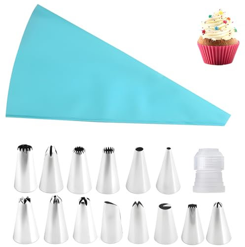 NHQZ Douille Patisserie Poches à Douille 16 Pcs, DIY Patisserie Accessoire Kit Professionnelle, Acier Inoxydable Douilles, Ustensiles à Pâtisserie, pour décorer gâteaux et cupcakes(bleu)