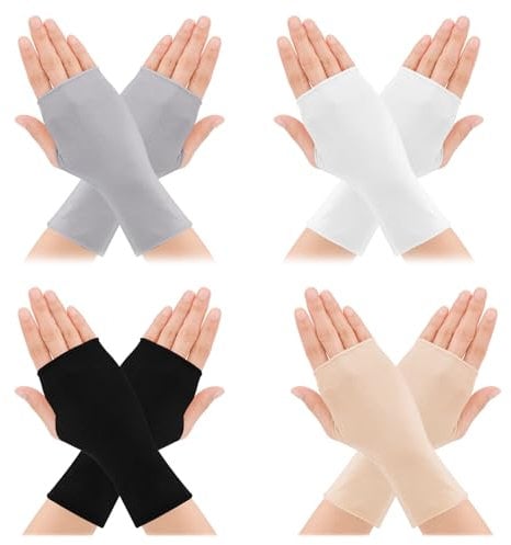 4 Pairs Sun Protection UV Gloves Woman Cotton Sunblock Fingerless Gloves Wrist Length Sun Block Driving Glove Woman UV Protection for Summer Outdoor Cycling Biking(Skin color White Gray Black)