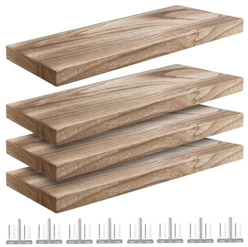 SINJEUN Lot de 4 Étagères Murales Flottantes en Bois Brun - 40 x 15 cm - Fixation Invisible - pour Salle de Bain, Chambre, Cuisine, Bureau, Salon - avec Vis Incluses