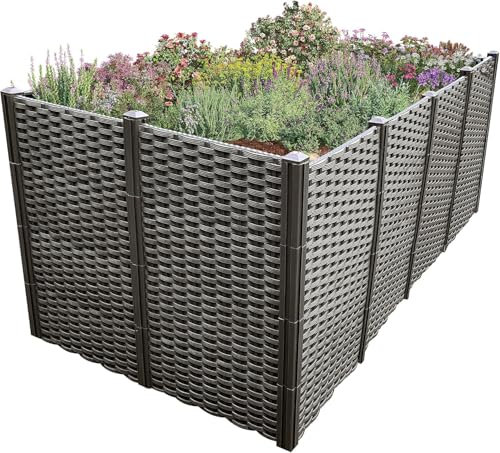 WIELS Modulares Hochbeet für Garten, Rattan-Optik, 148 x 76 x 60 cm, Schwarz - Dunkelbraun, Pflanzbeet Frühbeet Gartenbeet Gemüsebeet Blumenbeet Kunststoff Plastik HDPE