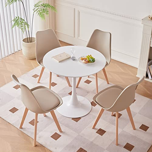 TTATC Mesa de Comedor con Juego de 4 Sillas, Mesa de Comedor Redonda Blanca, 4 Sillas de Comedor con Patas de Madera de Haya, para Cocina, Sala, Comedor, Caqui