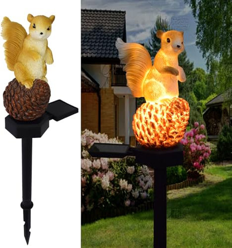 YZYOE Lumière d'écureuil de pinecone d'énergie solaire, résine de décoration jardin mignonne lampe sol animale, crépuscule sans fil à l'aube LED Sconce Lights imperméable.