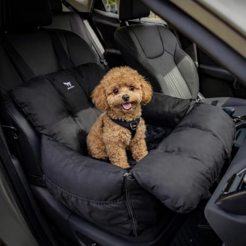 JACKO & CO - Premium Dog Car Seat for Small Dogs 1-25lbs (Black Small) | Machine Washable, Removable Covers, Water Resistant, Built in Clip-On Safety Leash, Front & Back Seat Travel Bed, Small Pets