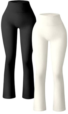 Pantalon de fitness pour femme 7/8 2 pièces Pantalon de yoga côtelé sans couture Entraînement Taille haute Pantalon évasé Legging thermique Enceinte Hiver, beige, S