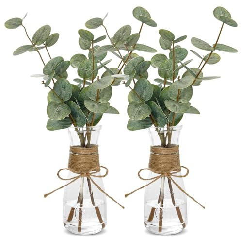 Gatphy 2 jarrones decorativos de eucalipto con 3 racimos de cristal transparente, planta de eucalipto, artificial, realista, estilo rústico, decoración para decorar baños, estanterías, escritorios