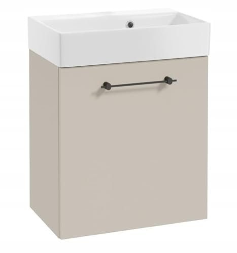 DomoDomo - Waschbeckenunterschrank 60 cm breit Hängend – Bad Unterschrank Kaschmir Matt – Mit Waschbecken, Soft Close – Badezimmermöbel für kleine Bäder, Schwarzer Griff