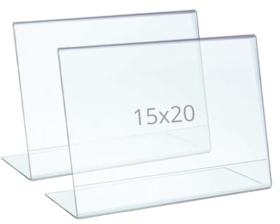 PAJADA - espositore 15x20 orizzontale, Acrilico trasparente, Pack da 2, porta menu, cornice per avvisi da banco, cornice, porta prezzi per negozi, espositore con base a L, portafoto, cornice.