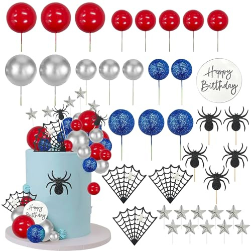 37 PCS Spider Theme Cake Topper Decoration CHUNLINLAODA-Spider Cake Topper,Spider Web Star Balls Cake Pick for Baby Shower Boys Kids Birthday Party Cake Decorations Supplies (Multicolor 1)
