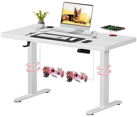 SANODESK Höhenverstellbarer Schreibtisch mit kabelloser Ladefunktion & Dualmotor, kompakt 110x54 cm Stabiler Elektrischer Steh-Sitz Schreibtisch (Weiß)