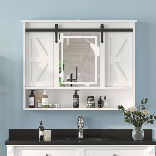 KEEPREAPER Badezimmer SpiegelSchrank mit Licht, Schiebende Scheune-Tür | SpiegelSchrank für Badezimmer, 3-Farben Memory-LED SpiegelSchrank wandmontiert für Küche/Waschküche, 89x70cm