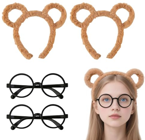 LIURFLNC Alvin Und Die Chipmunks Kostüm, Chipmunks Ohren Und Schwarze Brillen, Perfektes Set Für Halloween, Karneval Und Cosplay, 2 Stück Braune Bärenohren Und 2 Stück Schwarze Brillen
