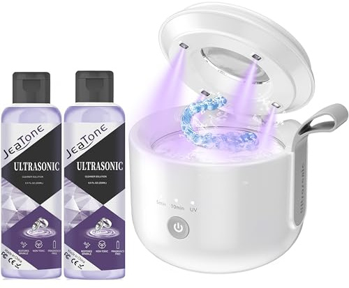 JeaTone Ultraschallreinigungsgerät Zahnschiene 200ml Set mit 500ml Reinigungskonzentrat, 48kHz Dental Pod mit Akku, IPX5, UV-Refresh, für Retainer, Aligner, Zahnersatz, Schmuck