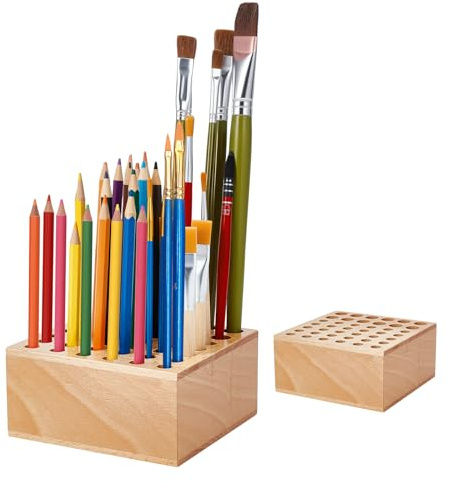 twinklemon Beechwood Paint Brush Holder, 42 Holes Paint Brush Storage Organizer, Paintbrush Holder Organizer, Wooden Block Pencil Holder for Makeup Brushes Pens and Art Tools