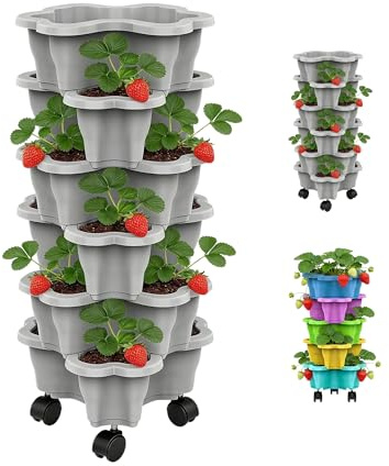 Genérico Jardinera Vertical para Fresas Trepadoras con Ruedas, Torre de Cultivo 6 Niveles, Huerto Vertical Apilable para Interior y Exterior, Maceteros Exterior para Fresas y Plantas (gris)