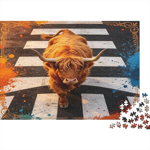 Highland Cow Zebra Crossing 1000 Piece Jigsaw Puzzle Paper for Adults Street Art Animal Style Relaxation Focus 52x38cm/1000pcs