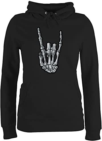 Pullover Damen Hoodie Frauen - Heavy Musik Hard Rock - Metal Horns Skelett Hand - S - Schwarz - Rocker Outfit Metalhead rockig Oberteil mit hände Fans skeletthand Hoody Festival skellethand Pulli