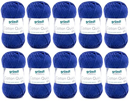 Gründl Wolle Cotton Quick uni - dünne Wolle zum Häkeln - Strickgarn - Häkelgarn - Glänzend und hautfreundlich - 100% Baumwolle - 10 Knäuel 50 g / 125 m - Nadelstärke 3-4 - Marineblau
