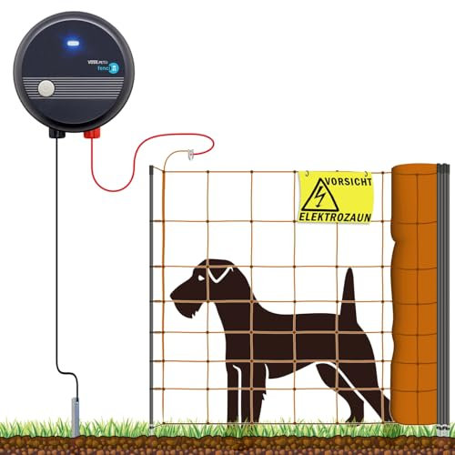 VOSS.farming 100m Hundezaun Komplettset Orange für kleine Hunde, Weidezaungerät Elektronetz Erdanschlussset Warnschild Reparaturset, Garten Hütesicherheit Elektrozaun Hundezaun Hund