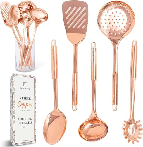 Utensili da cucina in rame per cucinare/servire, utensili da cucina color oro rosa – Set di 5 pezzi – mestolo in rame, cucchiaio da portata, forchetta, spatola, spatola da cucina