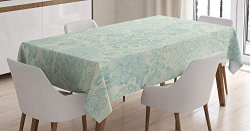 ABAKUHAUS Blau und Grün Tischdecke, Antike Blumen, Inn und Outdoor Bereich geeignet Waschbar Druck Klare Farben Kein Verblassen, 140 x 240 cm, Hellgrün und Blau