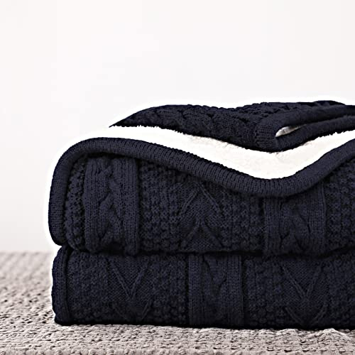 Longhui bedding Acrylic Cable Knit Sherpa Throw Blanket - Thick, Soft, Big, Cozy Navy Knitted Fleece Blankets for Couch, Sofa, Bed - Large 60 x 80 Inches Navy Blue Coverlet, 5.2 Pounds