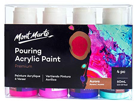 Mont Marte Pouring Set Aurora – 4 Stück x 60ml – Acryl Pouring – Acrylfarben mit Pouring Medium vorgemischt – Shiraz, Rosa, Ultramarin Blau, Minz Grün