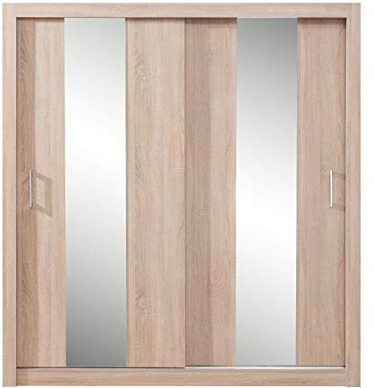 Furniture24 Kleiderschrank Duca II Schwebetürenschrank mit Spiegel, 2 Türen, 5 Einlegeboden und 1 Kleiderstange (Sonoma Eiche)