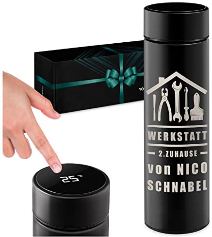 Maverton Thermobecher Kaffeebecher 450 ml - Isolierbecher personalisiert - 100% dicht - Led Temperatur Anzeige - aus Edelstahl - Weihnachtsgeschenke - Geschenk für Männer - schwarz - Werkstatt