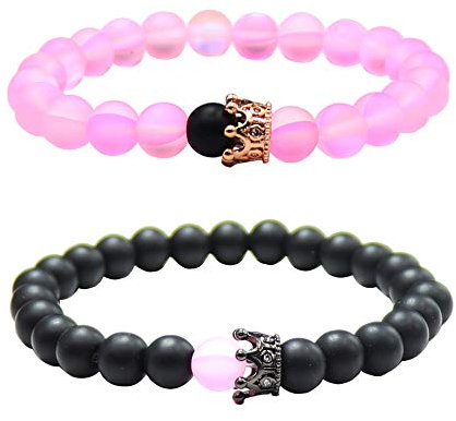 UEUC Armband mit CZ Kronen König und Königin schwarz Matte und weiß Howlite 8 mm Beads Armband(#75)