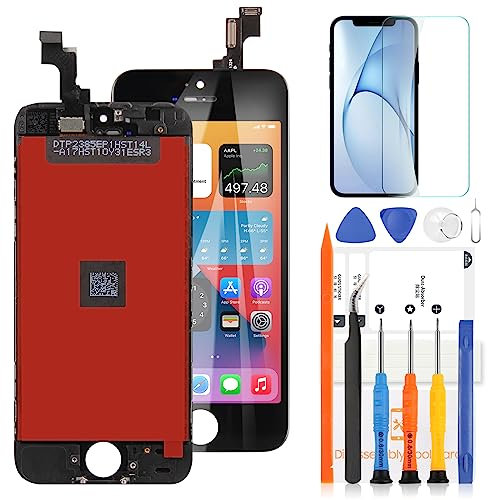 Schermo LCD di ricambio per iPhone 5S/SE 2016 A1453 A1457 A1518 A1528 A1530 A1533 Touch Digitizer Glass Panel Kit senza tasto Home, include pellicola protettiva + strumenti (nero)