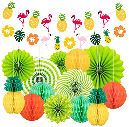 Andoer 15Pcs Hawaiianische Party-Dekorationen, Bunte Tropische Hawaii Luau-Motto-Party-Gefälligkeiten Hängende Papierfächer Flamingo-Mexikanische Party-Set für Geburtstags-Hochzeits-Babyparty