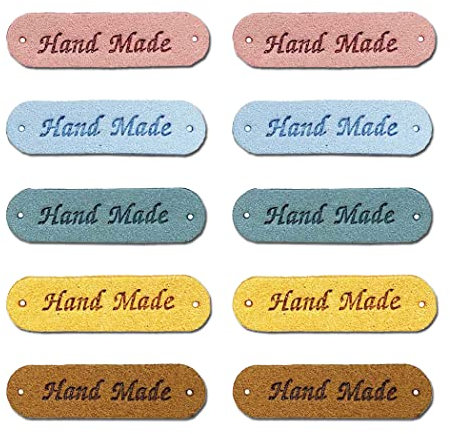 Borsgye 50 Stück Handmade Leder Etiketten Tags Hand Made Label zum Annähen Handgefertigte Kleidung Nähetiketten PU Label Aufnäher mit Löchern für Jeans Nähen Basteln Bekleidung Runde Ecke -WS015