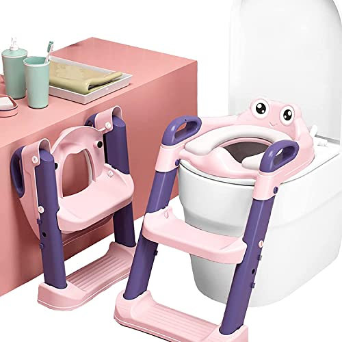 Sinbide Adaptador WC para Niños Asiento Plegable con Escalera Ajustable para Bebés Reductor WC de Inodoro Aseo Asiento de Inodoro Orinal Bacinica para Bebés y Niños 1-8 Años (Rosa)